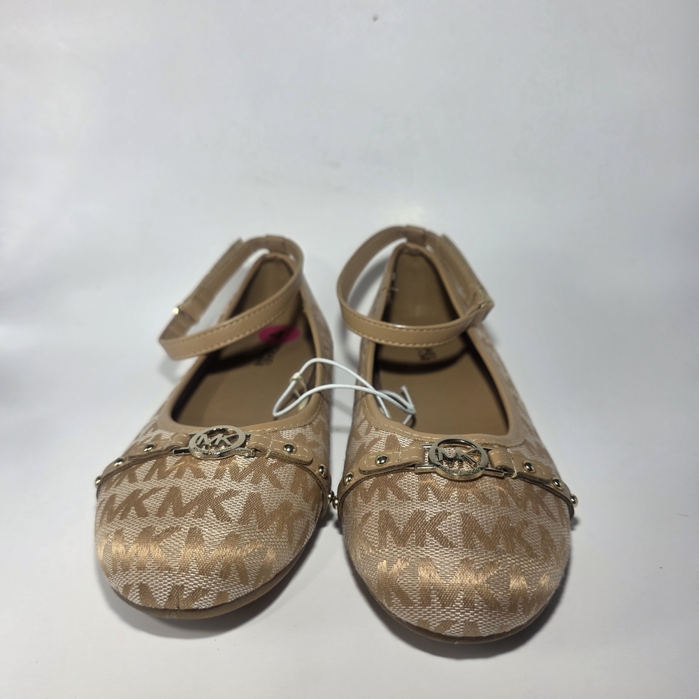 Michael Kors Women’s Beige Logo Ballet Flats Size 4 MK Charm Studded Strap.